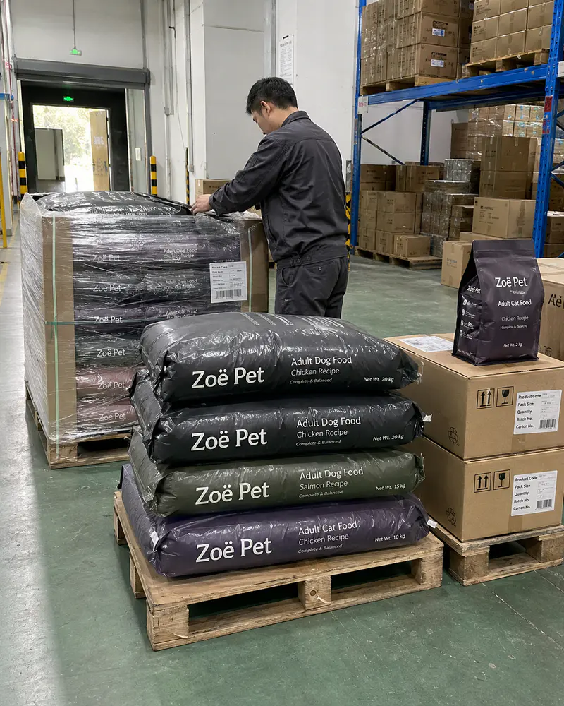 Dry pet food packaging checked and packed before shipment