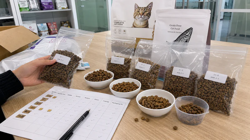 Checking dry cat food samples before bulk production