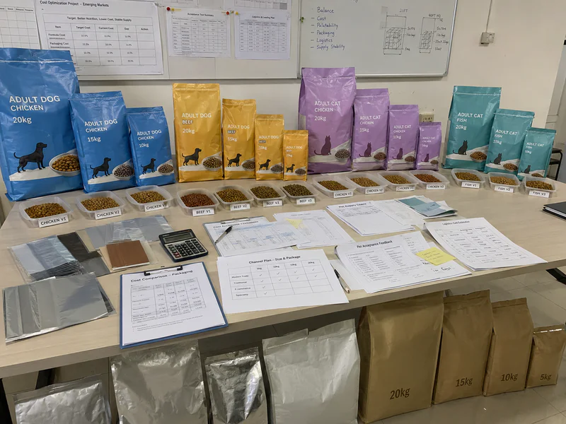 Cost-optimized cat and dog food for emerging markets