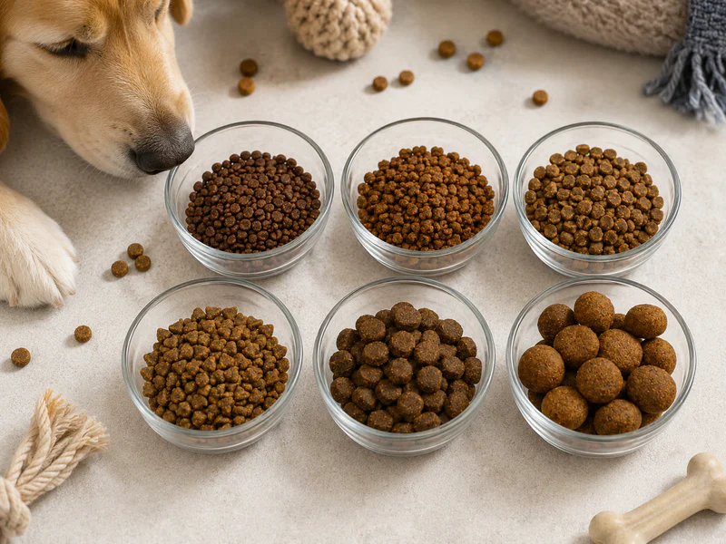 Dry dog food kibble in a bowl