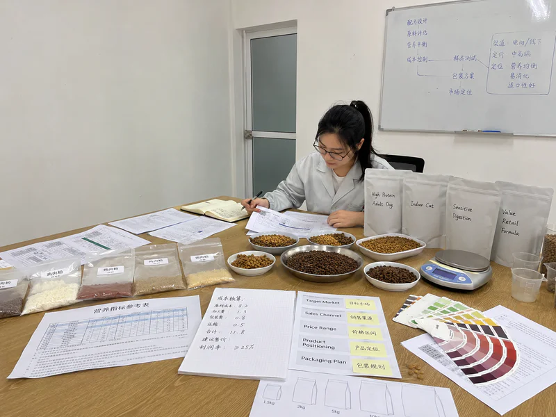 Custom dry pet food kibble samples in development
