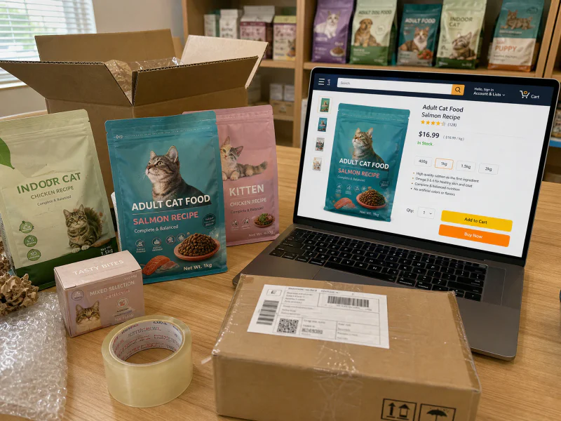 Small e-commerce dry pet food packs ready for delivery