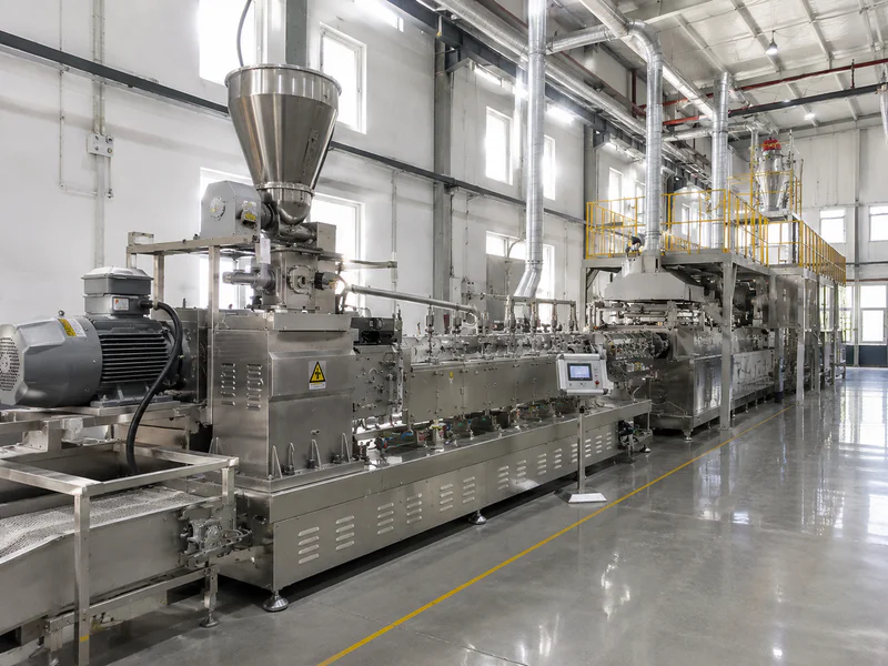 Extrusion line for dry pet food kibble