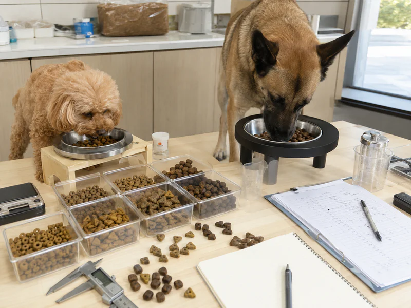Flavor, kibble and feeding position for dry dog food