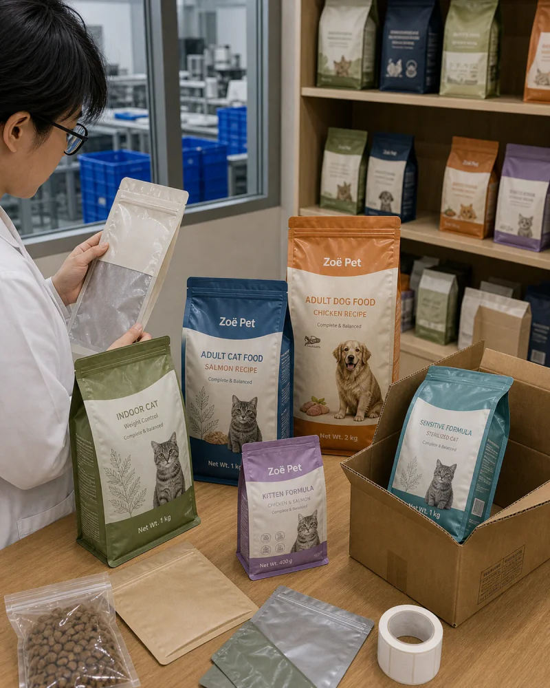 Dry pet food packaging being prepared step by step before production