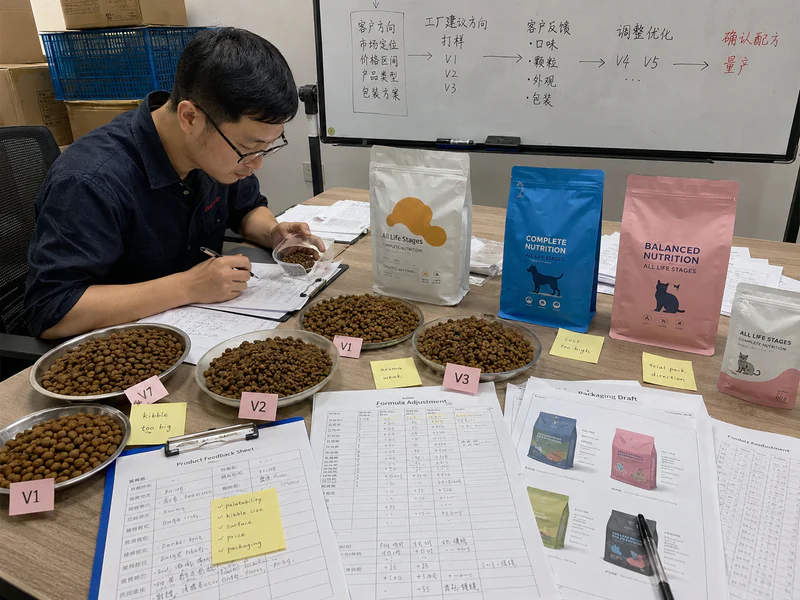 Reviewing dry pet food samples before bulk production