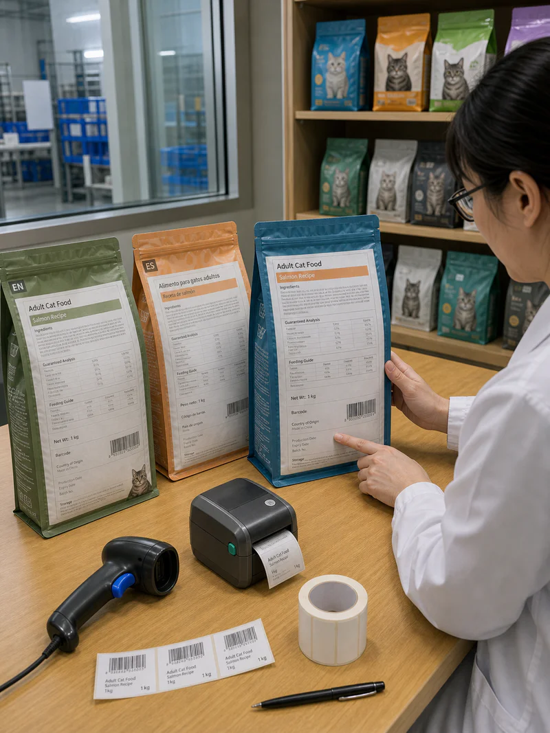Dry pet food packaging label content being prepared before printing