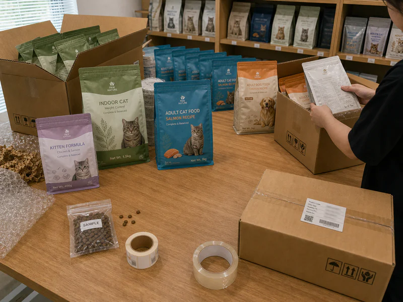 Dry pet food packaging samples checked before a first order