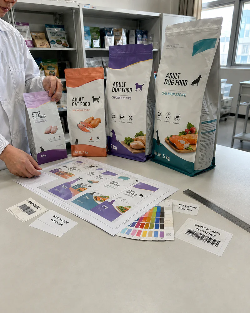 Dry pet food packaging being checked before mass production printing