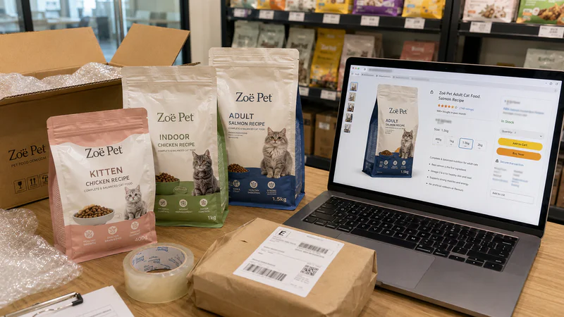 Small-pack dry cat food prepared for online sales