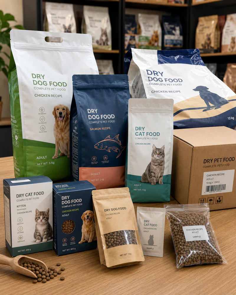 Private label dry pet food packaging lineup including retail bags, bulk bags, and cartons