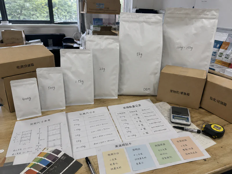 Range of pet food bag sizes