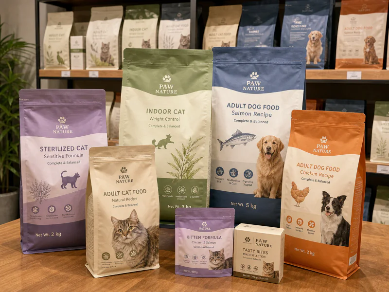 Private label dry pet food brand line in matching packaging