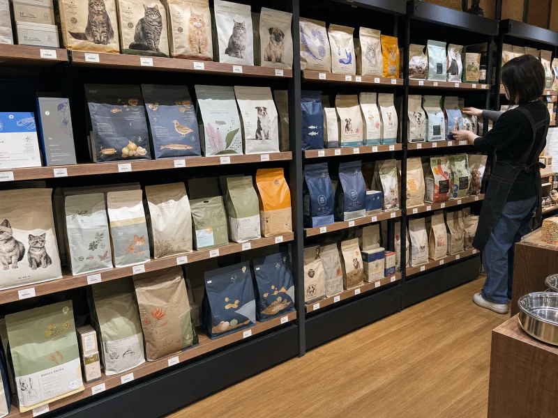Retail dry pet food bags on a pet store shelf