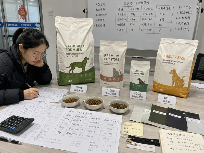 Dry dog food bags positioned by price tier on a retail shelf