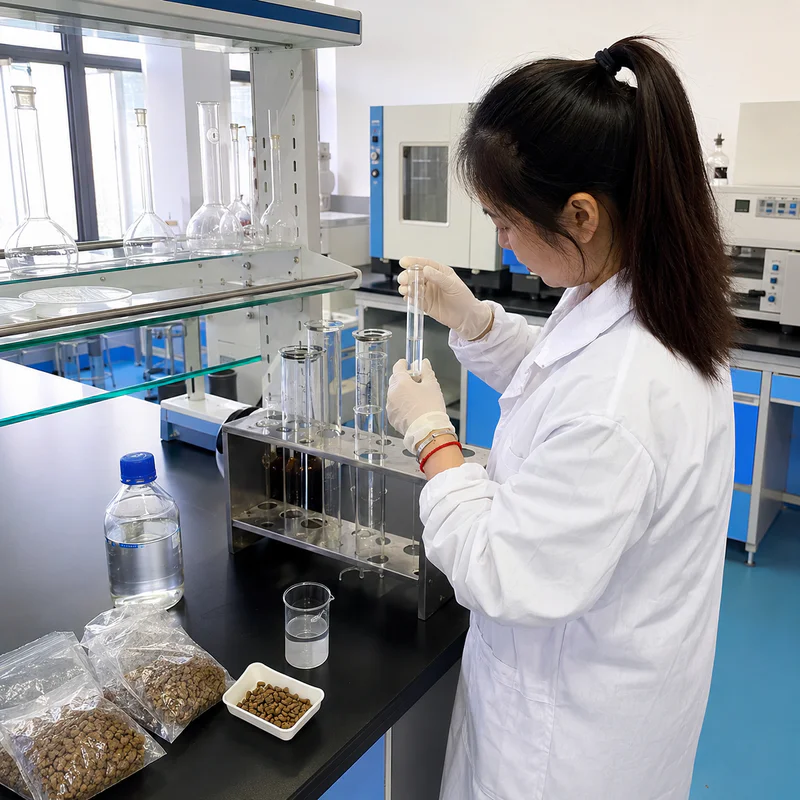 Dry pet food samples checked before bulk production
