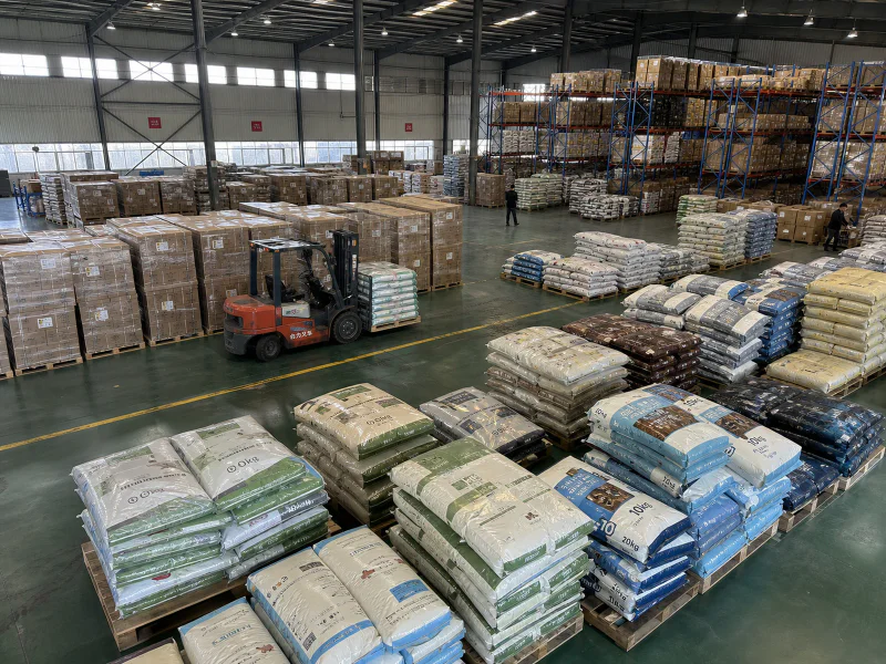 Bulk dry pet food bags stacked for wholesale distribution