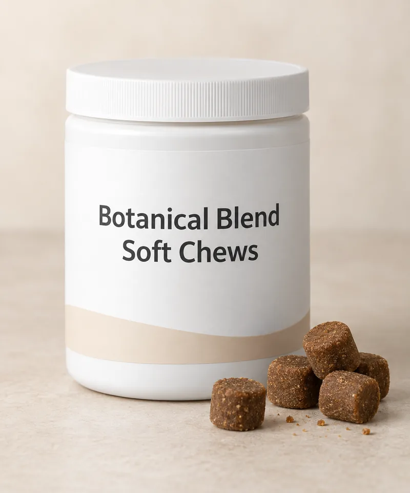 Botanical Blend Soft Chews private-label packaging concept on a neutral studio background