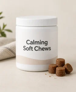 Calming Soft Chews private-label packaging concept on a neutral studio background