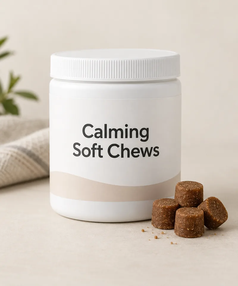 Calming Soft Chews private-label packaging concept on a neutral studio background