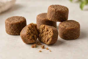 Digestive Support Soft Chews pellet texture concept on a neutral studio background
