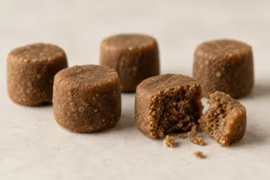 Eye Support Soft Chews pellet texture concept on a neutral studio background