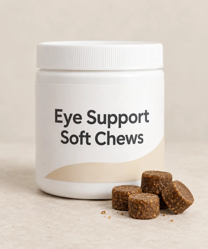 Eye Support Soft Chews private-label packaging concept on a neutral studio background