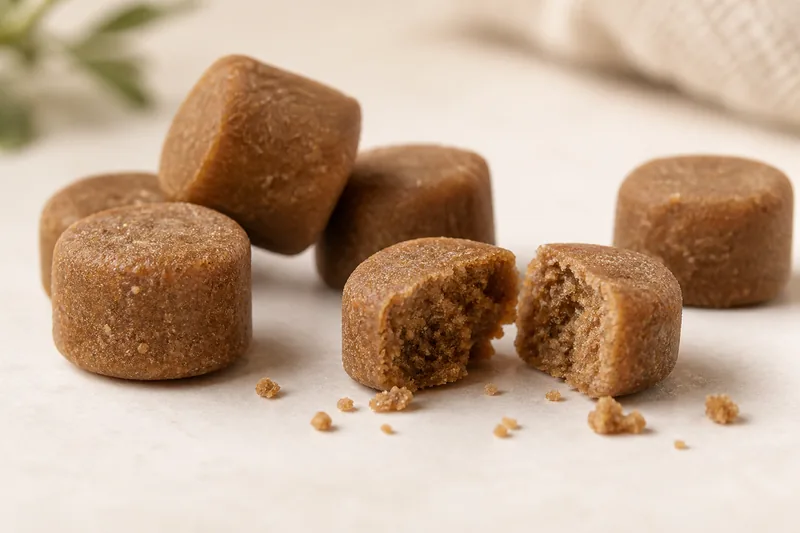 Hairball Support Soft Chews for Cats pellet texture concept on a neutral studio background