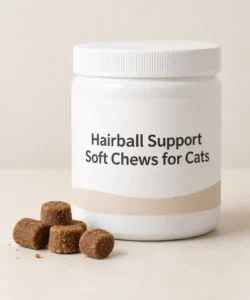 Hairball Support Soft Chews for Cats private-label packaging concept on a neutral studio background