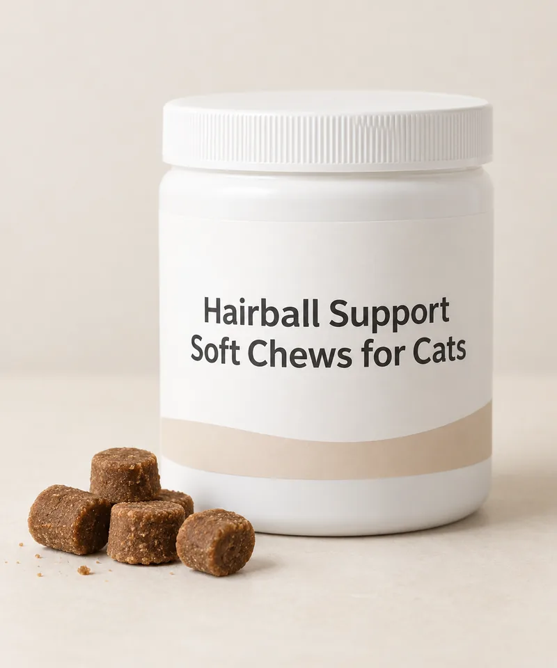 Hairball Support Soft Chews for Cats private-label packaging concept on a neutral studio background
