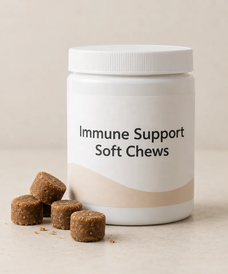 Immune Support Soft Chews private-label packaging concept on a neutral studio background