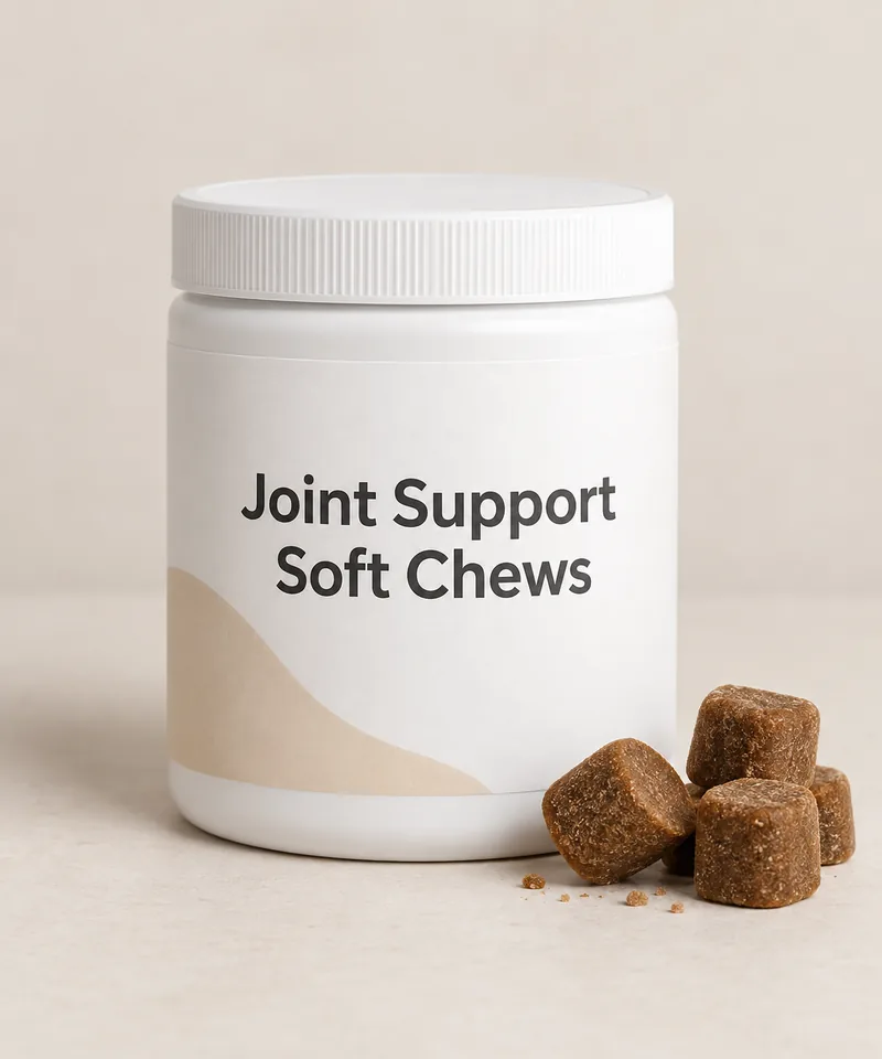 Joint Support Soft Chews private-label packaging concept on a neutral studio background