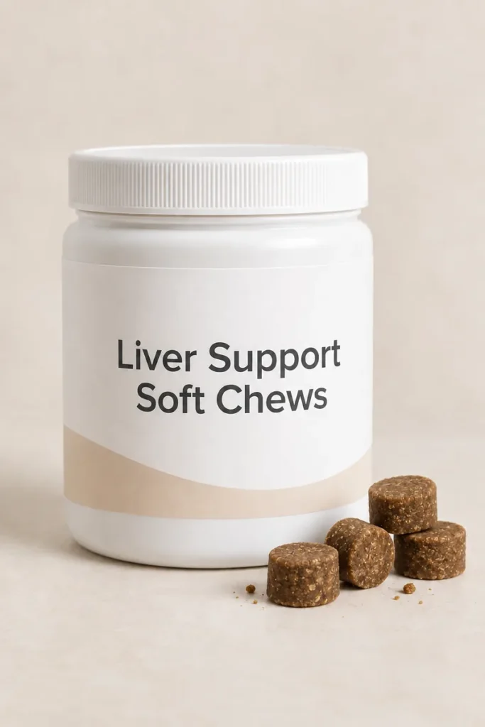Liver Support Soft Chews private-label packaging concept on a neutral studio background