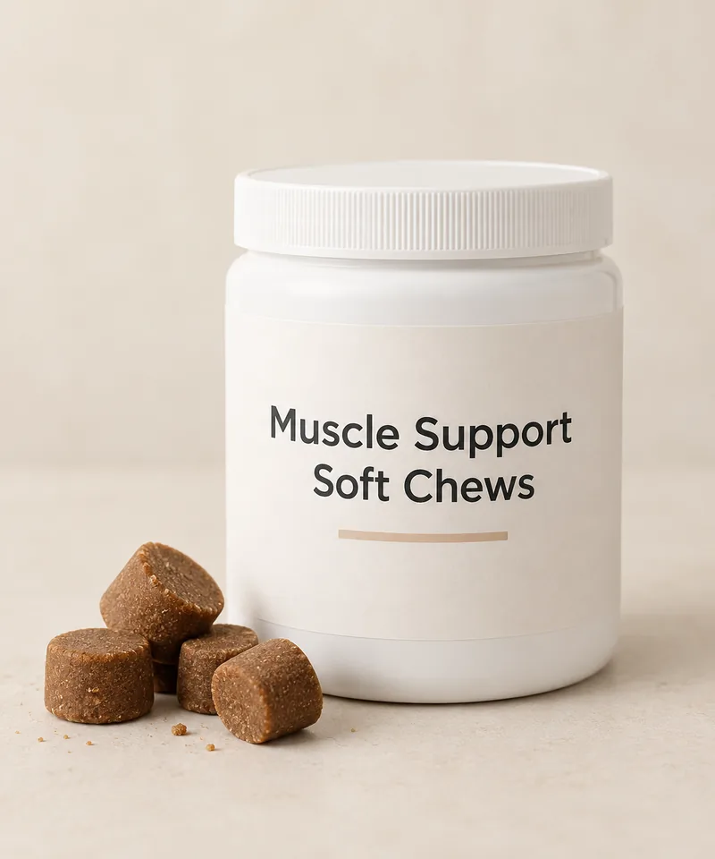 Muscle Support Soft Chews private-label packaging concept on a neutral studio background