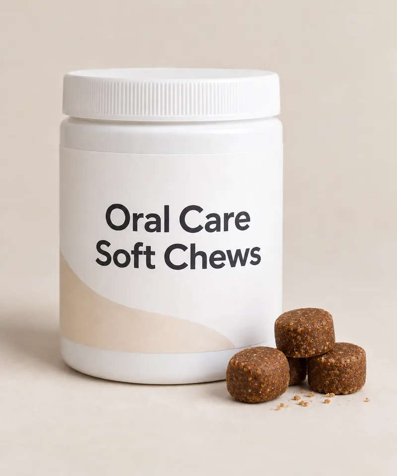 Oral Care Soft Chews private-label packaging concept on a neutral studio background