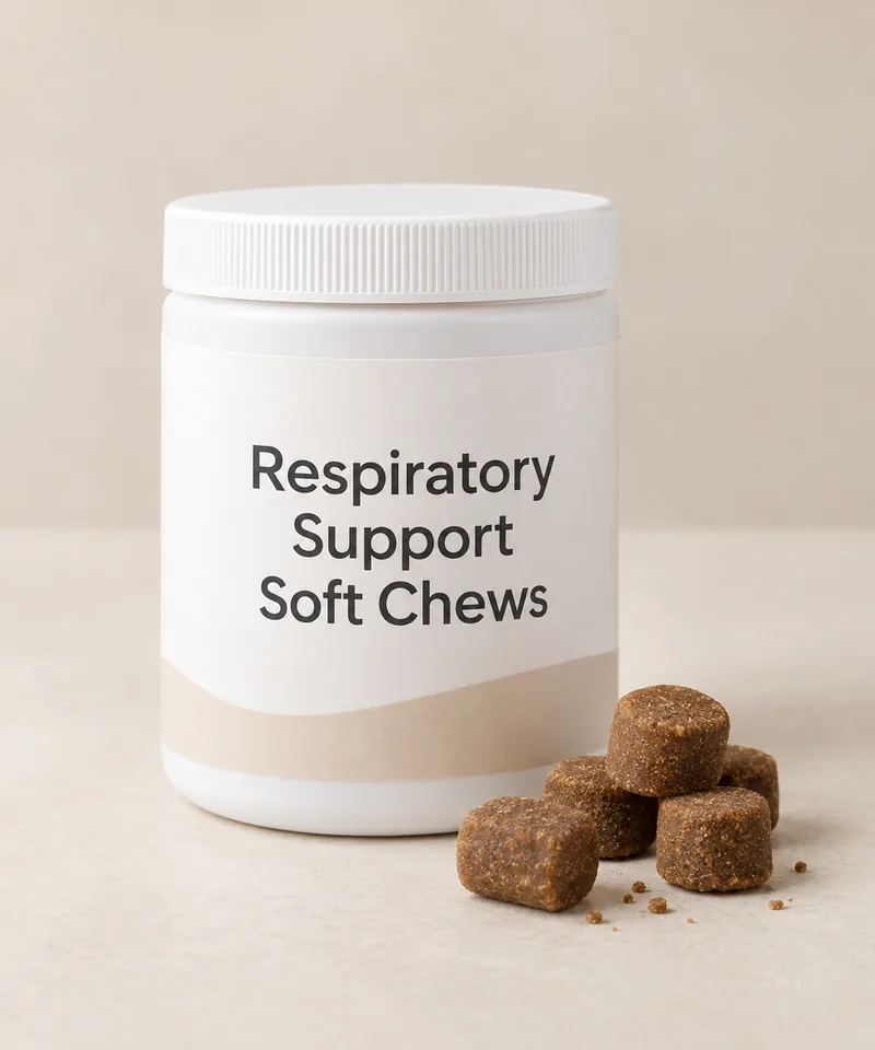 Respiratory Support Soft Chews private-label packaging concept on a neutral studio background
