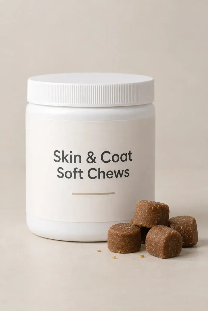 Skin & Coat Soft Chews private-label packaging concept on a neutral studio background