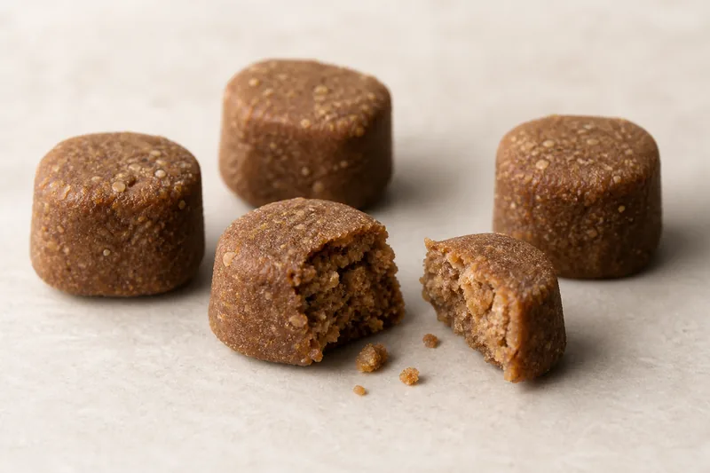 Skin Sensitivity Soft Chews pellet texture concept on a neutral studio background