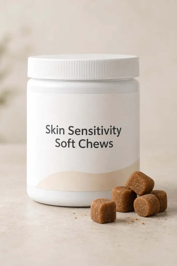 Skin Sensitivity Soft Chews private-label packaging concept on a neutral studio background